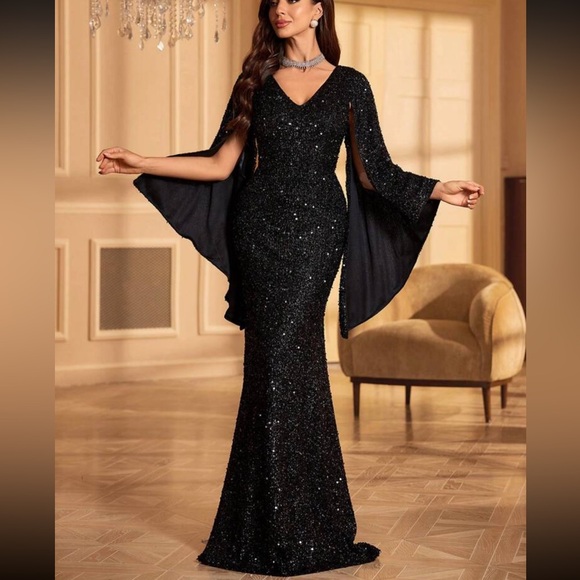 Luxe V neck champagne bell formal evening party prom wedding gown dress - Picture 5 of 15